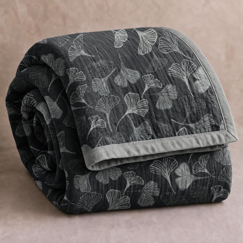 Ownkoti Grey‑Black Ginkgo Leaf Cotton Blanket - Black - 90" x 92" - image 6