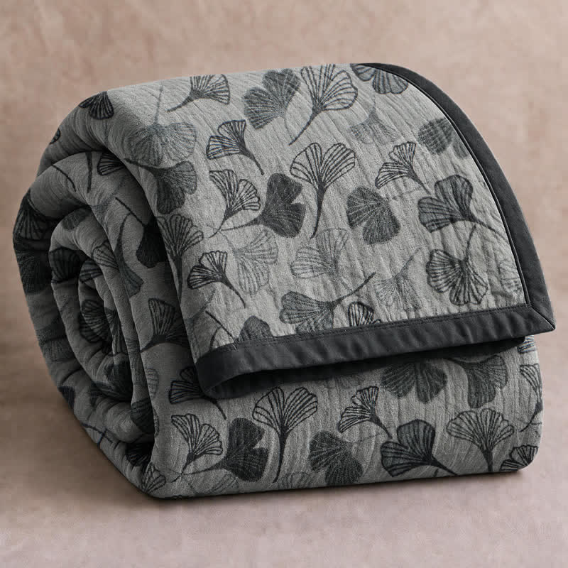 Ownkoti Grey‑Black Ginkgo Leaf Cotton Blanket - Light Gray - 90" x 92" - image 0