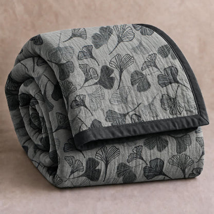 Ownkoti Grey‑Black Ginkgo Leaf Cotton Blanket - Light Gray - 90" x 92" - image 0