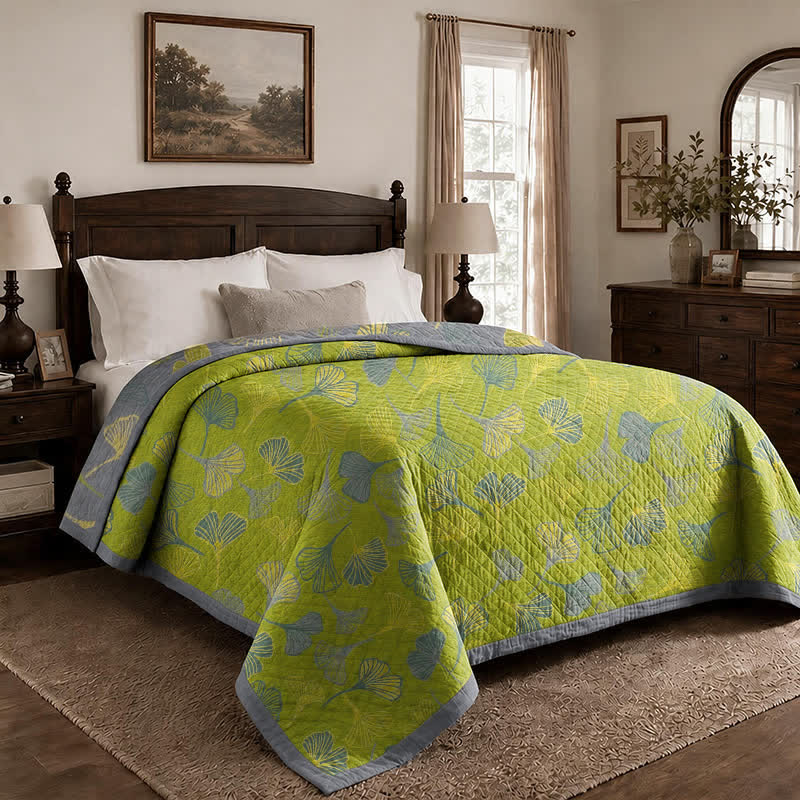 Ownkoti Green‑Gray Ginkgo Leaf Cotton Blanket - image 4