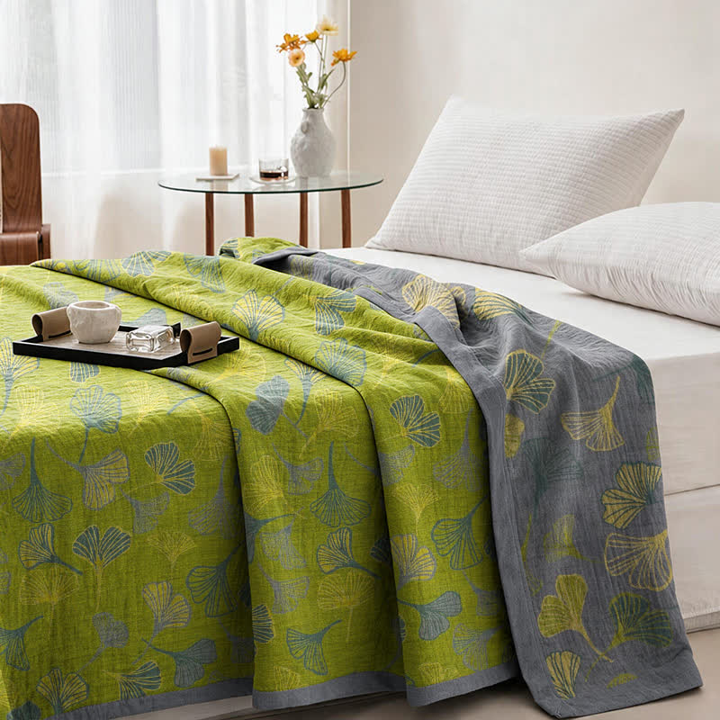 Ownkoti Green‑Gray Ginkgo Leaf Cotton Blanket - image 3