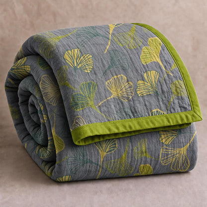 Ownkoti Green‑Gray Ginkgo Leaf Cotton Blanket - Light Gray - 98" x 94" - image 6