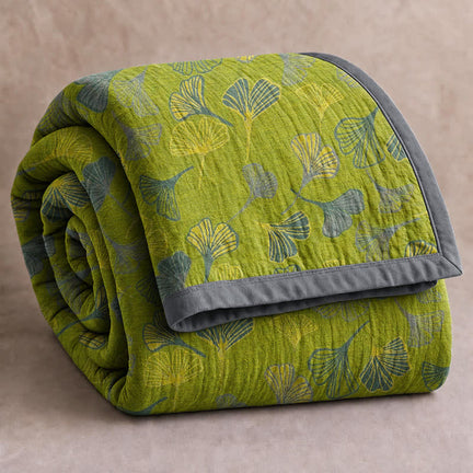 Ownkoti Green‑Gray Ginkgo Leaf Cotton Blanket - Green - 98" x 94" - image 0