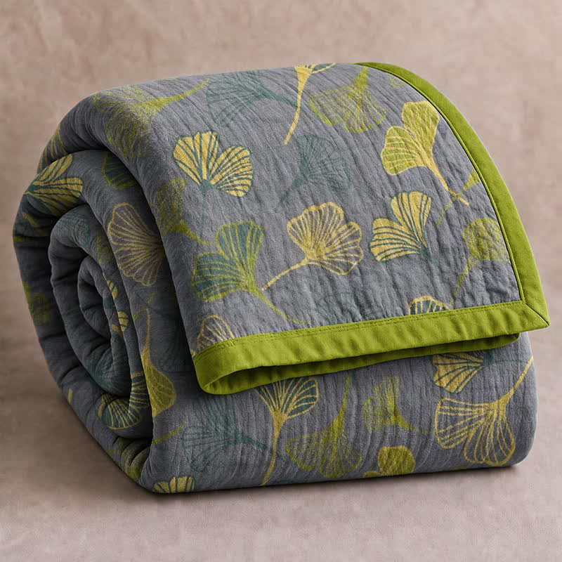 Ownkoti Green‑Gray Ginkgo Leaf Cotton Blanket - Light Gray - 90" x 92" - image 6