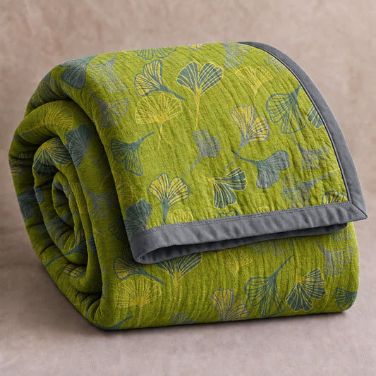 Ownkoti Green‑Gray Ginkgo Leaf Cotton Blanket - Green - 90" x 92" - image 0