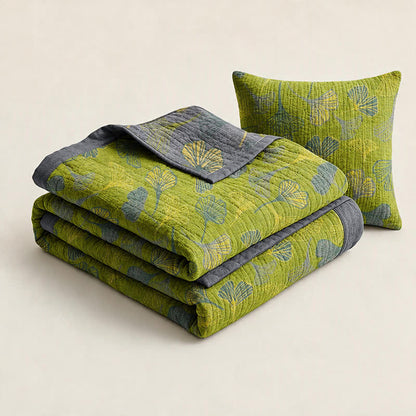 Ownkoti Green‑Gray Ginkgo Leaf Cotton Blanket - image 2