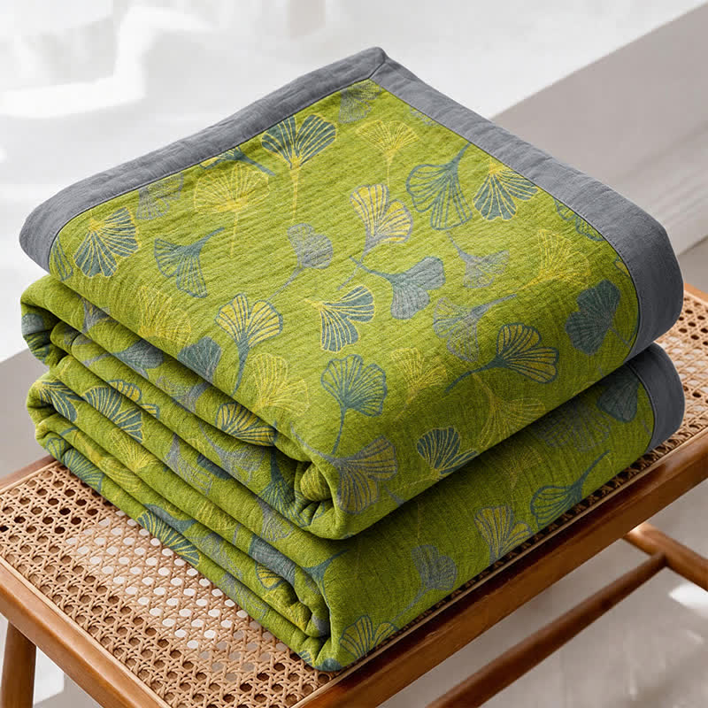 Ownkoti Green‑Gray Ginkgo Leaf Cotton Blanket - image 1