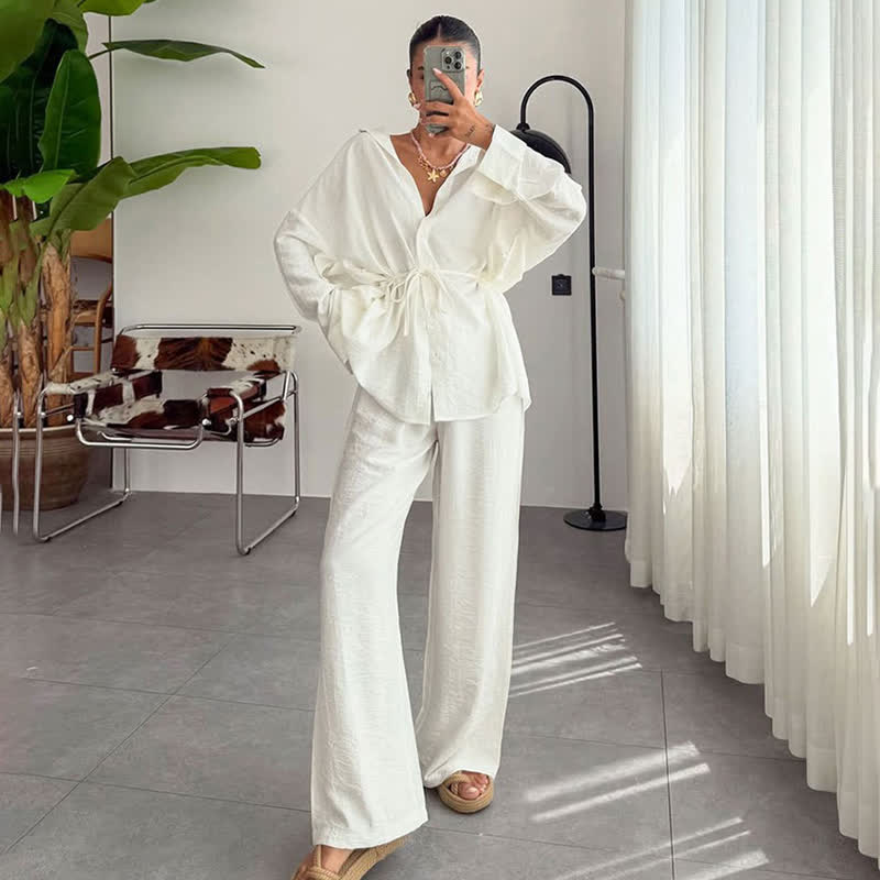 Ownkoti Solid Color Textured Crinkle Loungewear Set - White - L - image 0