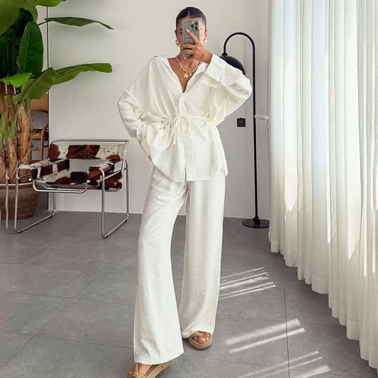 Ownkoti Solid Color Textured Crinkle Loungewear Set - White - L - image 0
