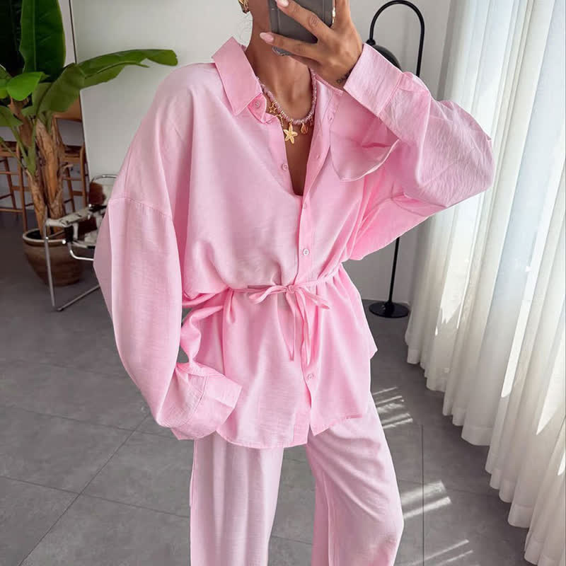 Ownkoti Solid Color Textured Crinkle Loungewear Set - Pink - L - image 6