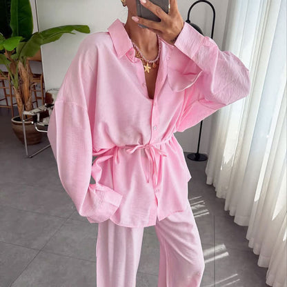 Ownkoti Solid Color Textured Crinkle Loungewear Set - Pink - L - image 6