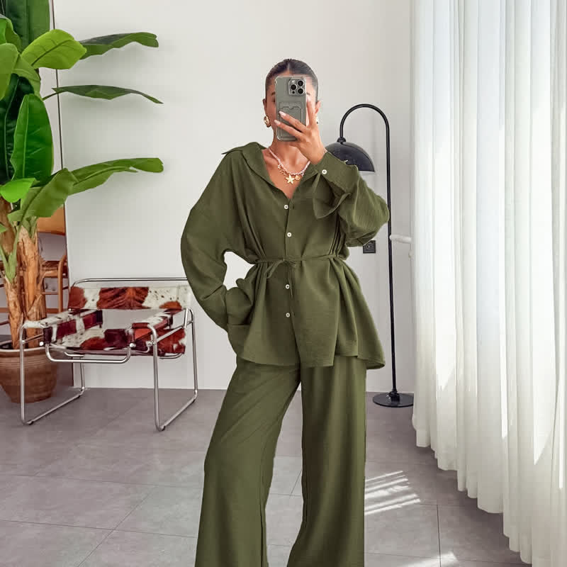 Ownkoti Solid Color Textured Crinkle Loungewear Set - Green - L - image 7