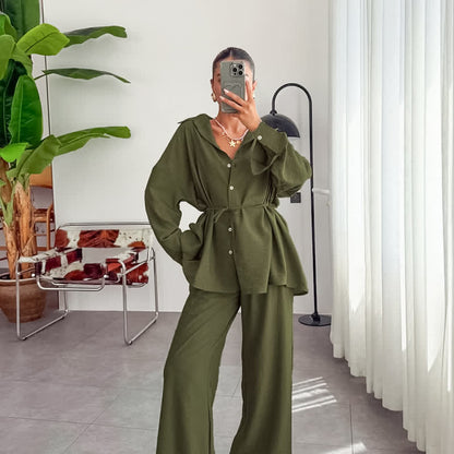 Ownkoti Solid Color Textured Crinkle Loungewear Set - Green - L - image 7