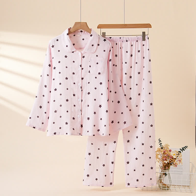 Ownkoti Pastel Star Cotton Long Sleeve Pajamas - Light Pink - XL - image 4