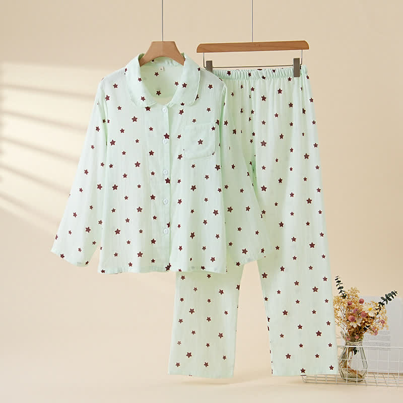 Ownkoti Pastel Star Cotton Long Sleeve Pajamas - Green - XL - image 5