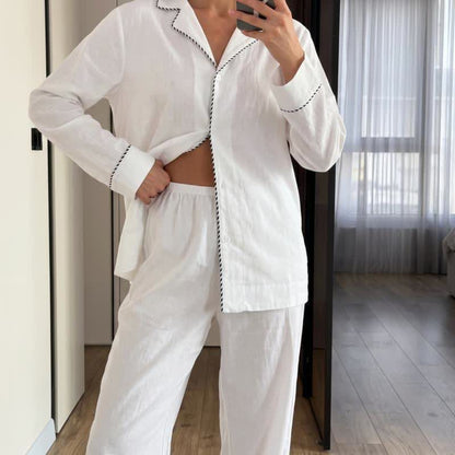 Ownkoti Minimal Cotton Contrast Trim Loungewear Set - White - L - image 0