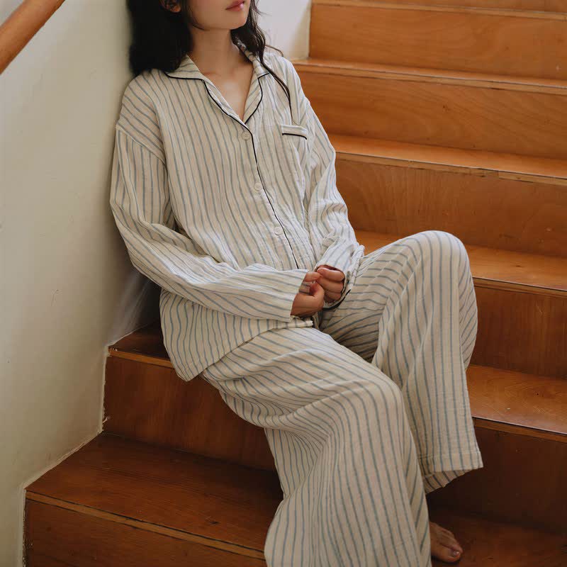 Ownkoti Relaxed Pinstripe Cotton Gauze Sleep Set - Blue - XL - image 0