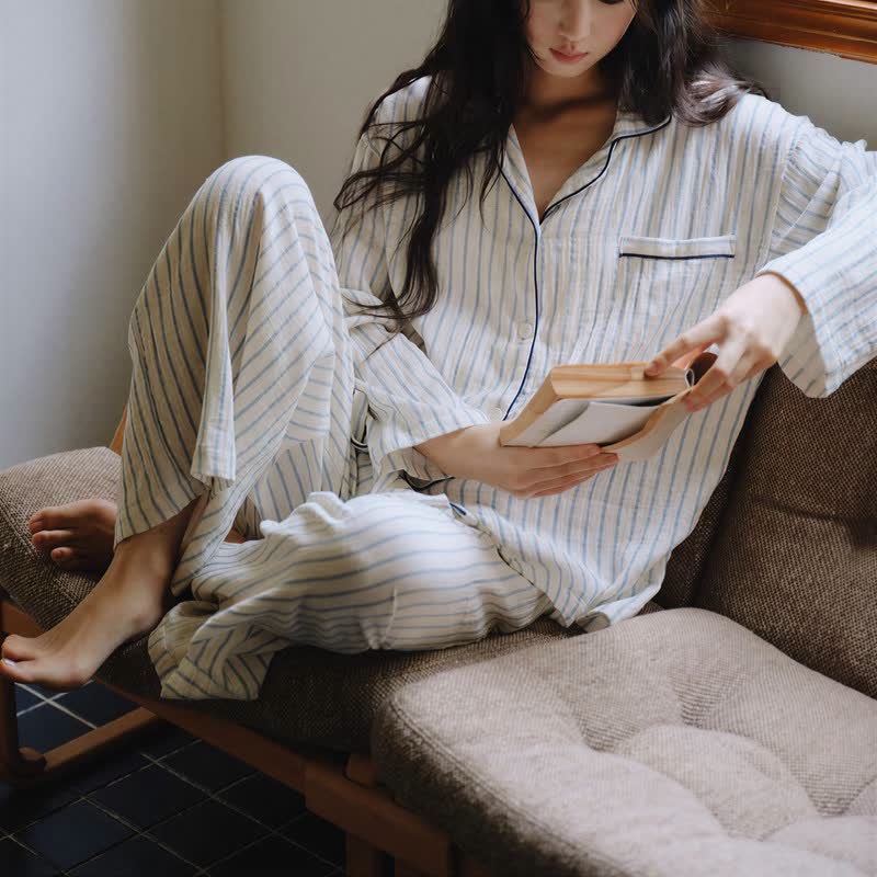 Ownkoti Relaxed Pinstripe Cotton Gauze Sleep Set - image 4