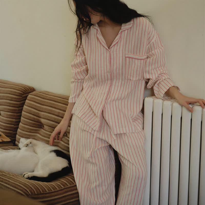 Ownkoti Relaxed Pinstripe Cotton Gauze Sleep Set - Pink - XL - image 6