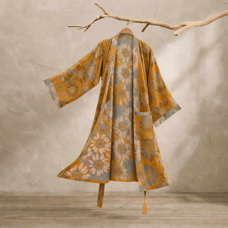 Ownkoti Vintage Sunflower Cotton Kimono Bathrobe - Orange - 2XL - image 0