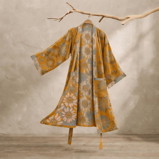 Ownkoti Vintage Sunflower Cotton Kimono Bathrobe - Orange - 2XL - image 0