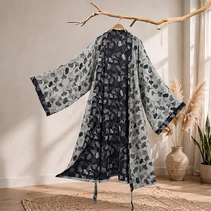 Ownkoti Black White Ginkgo Leaf Cotton Kimono Robe - White - 2XL - image 5