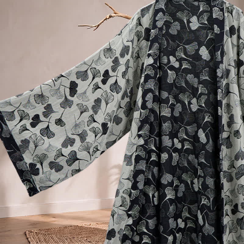 Ownkoti Black White Ginkgo Leaf Cotton Kimono Robe - image 8