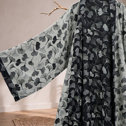 Ownkoti Black White Ginkgo Leaf Cotton Kimono Robe - image 8