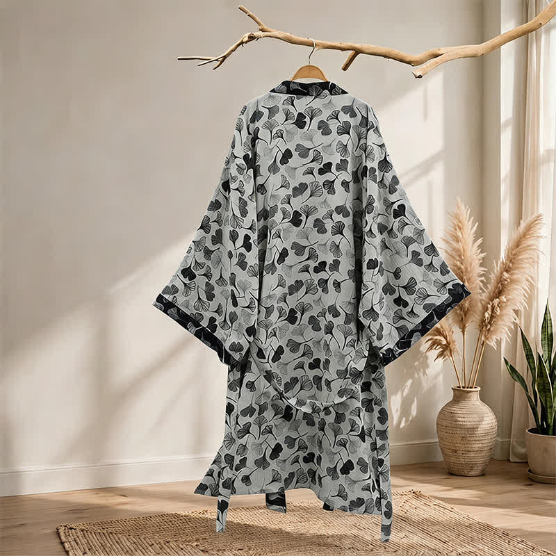 Ownkoti Black White Ginkgo Leaf Cotton Kimono Robe - image 6