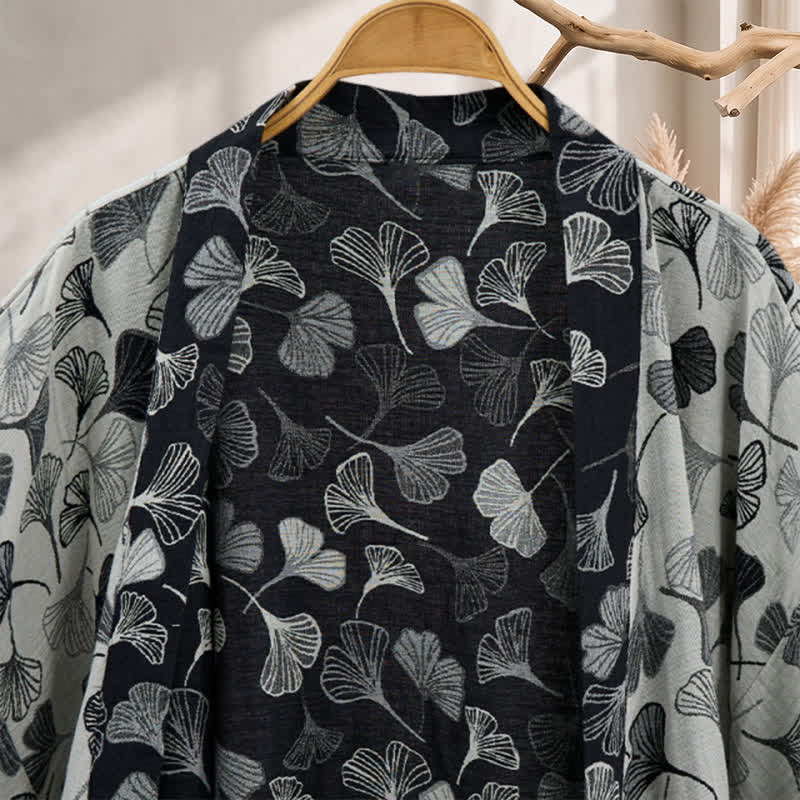 Ownkoti Black White Ginkgo Leaf Cotton Kimono Robe - image 7