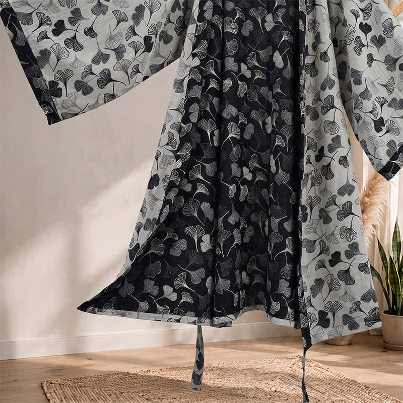 Ownkoti Black White Ginkgo Leaf Cotton Kimono Robe - image 9