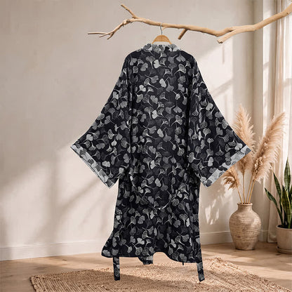 Ownkoti Black White Ginkgo Leaf Cotton Kimono Robe - image 1
