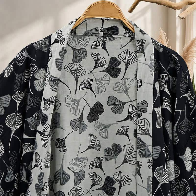 Ownkoti Black White Ginkgo Leaf Cotton Kimono Robe - image 2