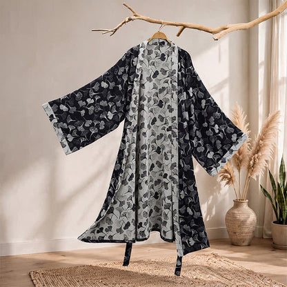 Ownkoti Black White Ginkgo Leaf Cotton Kimono Robe - Black - 2XL - image 0