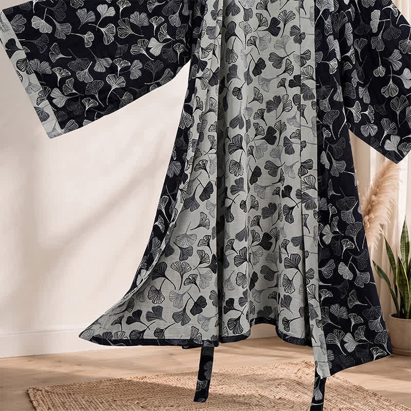 Ownkoti Black White Ginkgo Leaf Cotton Kimono Robe - image 4