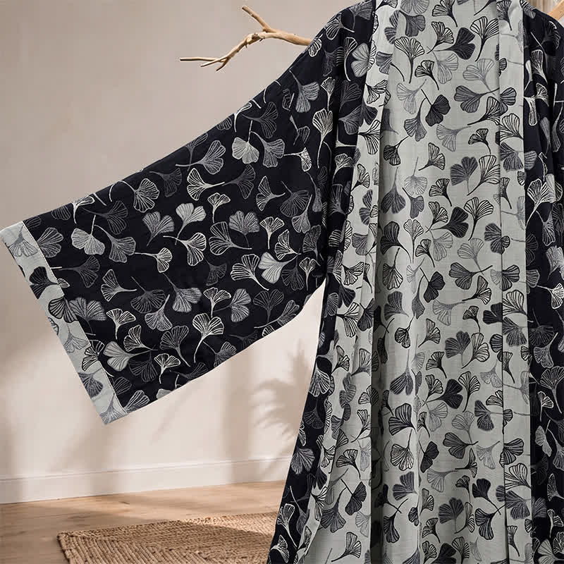 Ownkoti Black White Ginkgo Leaf Cotton Kimono Robe - image 3