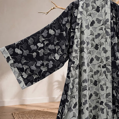 Ownkoti Black White Ginkgo Leaf Cotton Kimono Robe - image 3