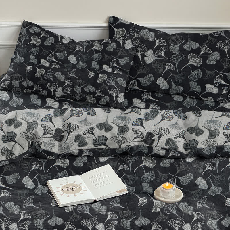Ownkoti Vintage Black Ginkgo Leaf Reversible Cotton Bedding Set - image 7