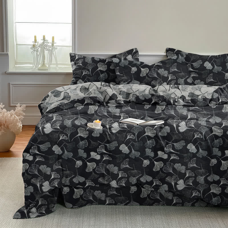Ownkoti Vintage Black Ginkgo Leaf Reversible Cotton Bedding Set - image 2