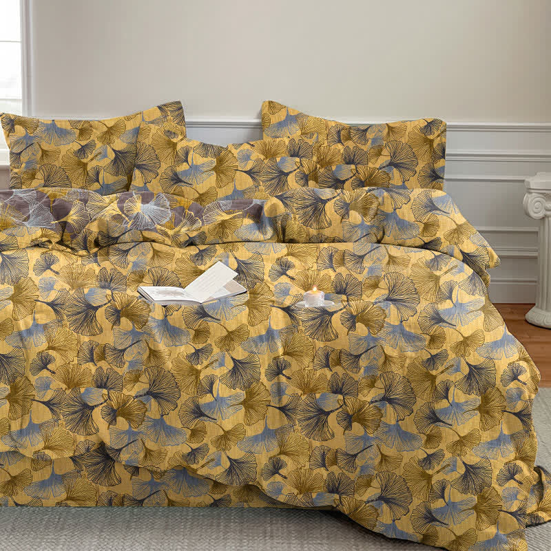 Ownkoti Retro Ginkgo Leaf Cotton Gauze Bedding Set - Yellow - 2PCS Pillowcases - 20" x 37" - image 0
