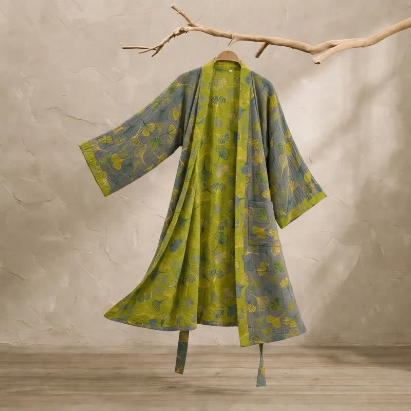 Ownkoti Green Gray Ginkgo Leaf Cotton Kimono Robe - Grey - 2XL - image 7