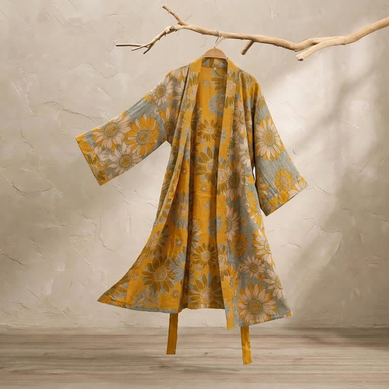 Ownkoti Vintage Sunflower Cotton Kimono Bathrobe - Grey - 2XL - image 7