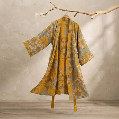 Ownkoti Vintage Sunflower Cotton Kimono Bathrobe - Grey - 2XL - image 7