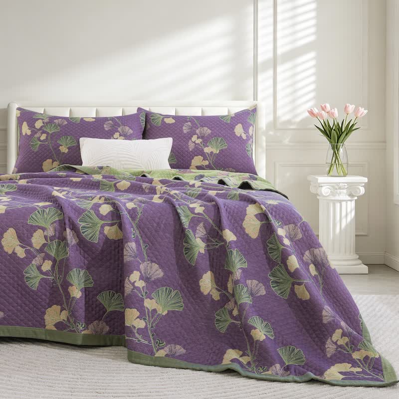 Ownkoti Artistic Ginkgo Leaf Cotton Gauze Blanket - Purple - 90" x 92" - image 0