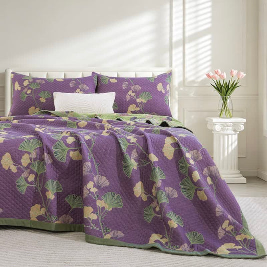 Ownkoti Artistic Ginkgo Leaf Cotton Gauze Blanket - Purple - 90" x 92" - image 0