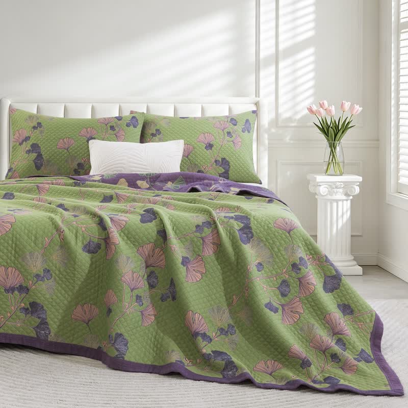 Ownkoti Artistic Ginkgo Leaf Cotton Gauze Blanket - Green - 90" x 92" - image 8