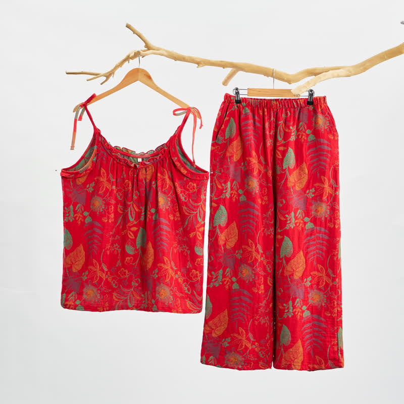 Ownkoti Retro Red Leaf Cotton Cami Lounge Set - Red - XL - image 0