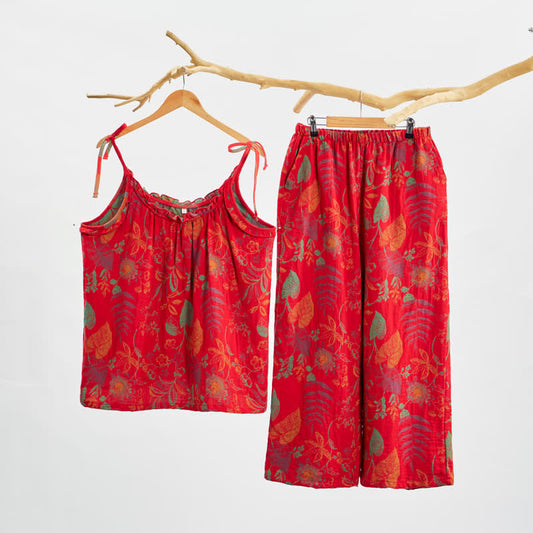 Ownkoti Retro Red Leaf Cotton Cami Lounge Set - Red - XL - image 0