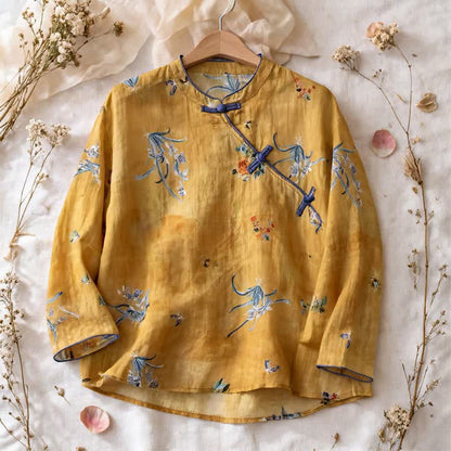 Ownkoti Vintage Floral Insect Long Sleeve Top - Yellow - 2XL - image 0