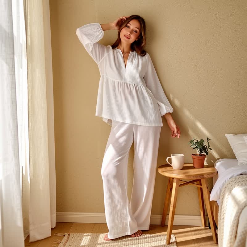 Ownkoti Solid White Cotton Gauze Loungewear Set - image 3